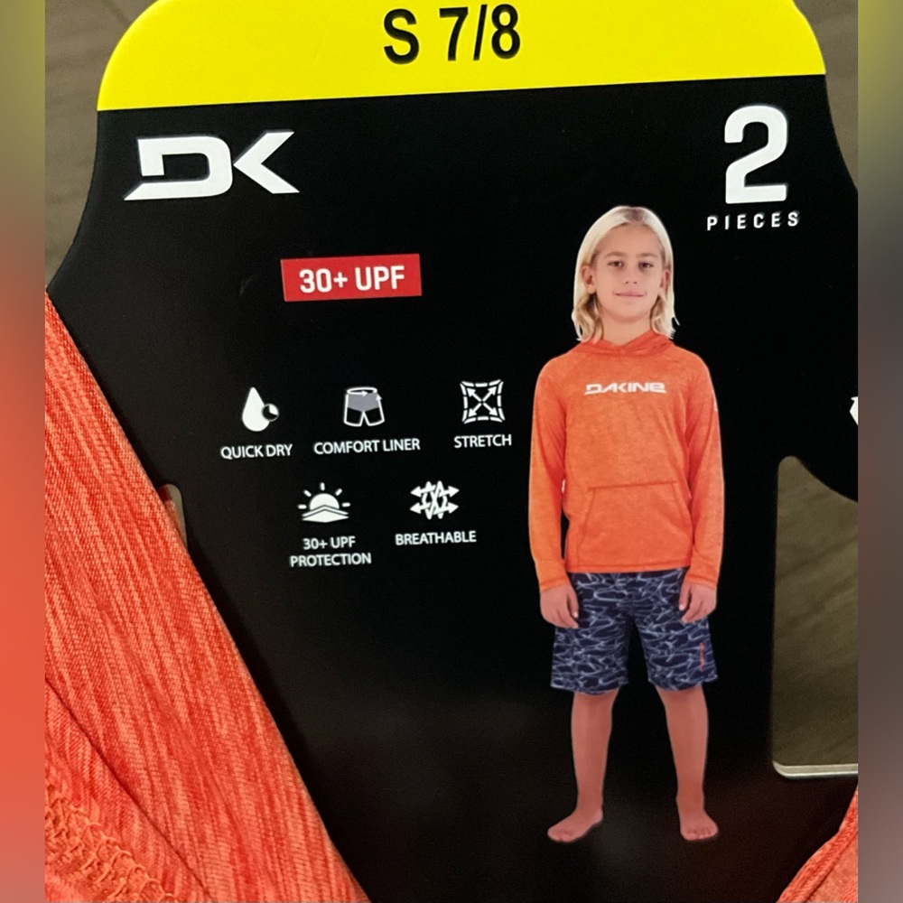 NWT 2Pc Swim Set Size 7/8 Boys Shark Swim Trunks Bright Orange Sun Shirt Hoodie